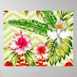 Póster Elegantes hojas tropicales y flores hibiscus