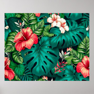 Póster Elegantes hojas tropicales y flores hibiscus