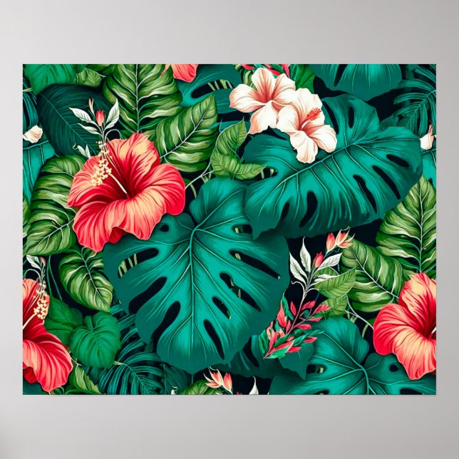 Póster Elegantes hojas tropicales y flores hibiscus | (Frente)