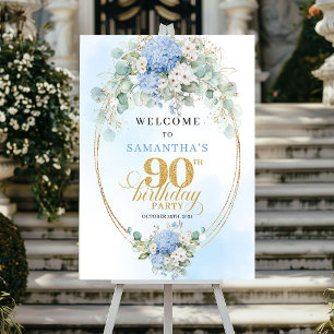 Póster Elegantes Hortensias Azules 90 Cumpleaños Bienveni