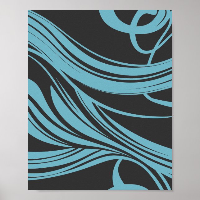 Póster Elegantes líneas de flujo en turquesa sobre negro (Frente)