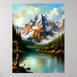 Póster Elegantes montañas Lago Impresionante Pintura AI