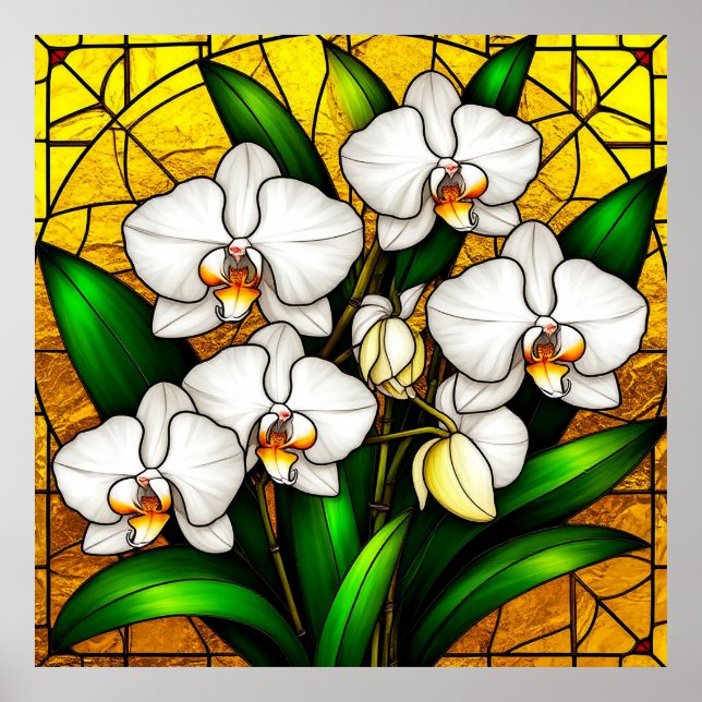 Póster Elegantes orquídeas blancas de vidrio manchado (Frente)