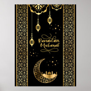 Póster Elegantes Patrones Islámicos Oro Ramadan Mubarak