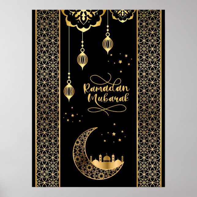 Póster Elegantes Patrones Islámicos Oro Ramadan Mubarak (Frente)