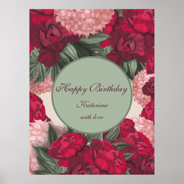 Póster Elegantes Peonies. Feliz cumpleaños. Personalizado (Frente)