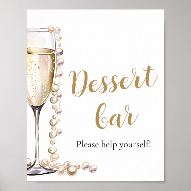 Póster Elegantes Perlas de Oro y Rótulo Prosecco Dessert  (Frente)