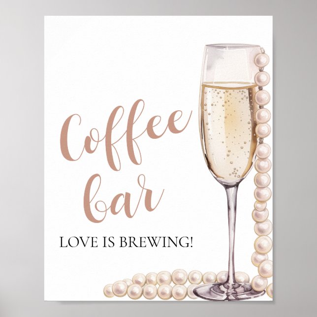 Póster Elegantes Perlas Rosadas y el Rótulo Prosecco Café (Frente)