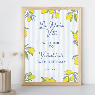 Póster Elegantes rayas azules y limones dibujados a mano