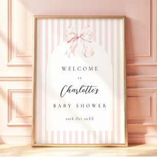 Póster Elegantes rayas rosadas con lazo para baby shower