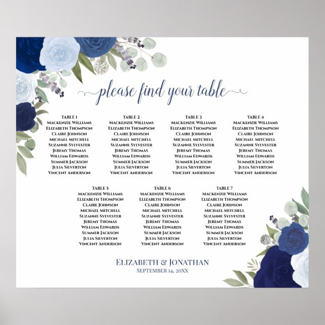 Póster Elegantes Rosas azules 7 Tabla de asientos Boda de (Frente)