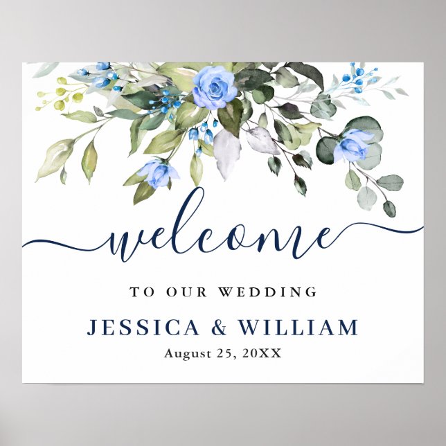 Póster Elegantes Rosas Azules de Eucalipto para Boda Bien (Frente)