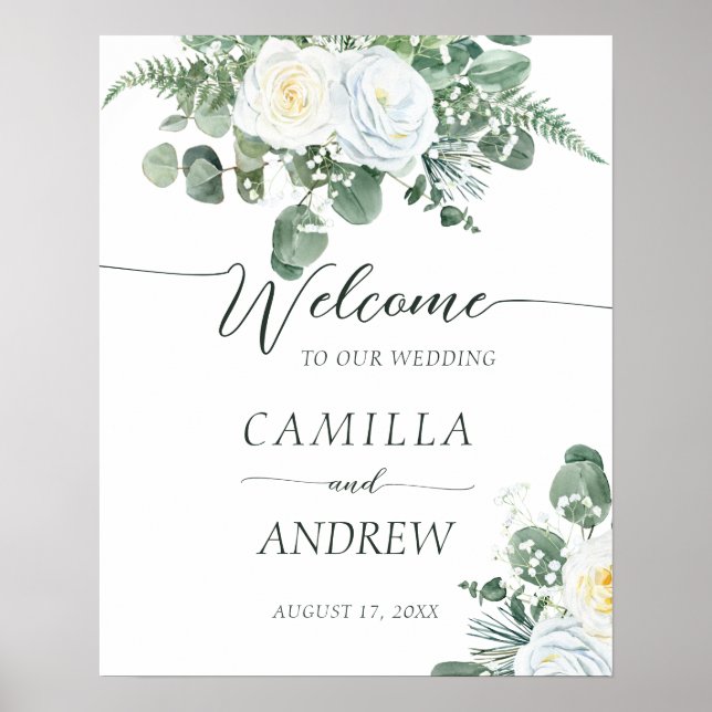 Póster Elegantes rosas blancas del Boho con la bienvenida (Frente)