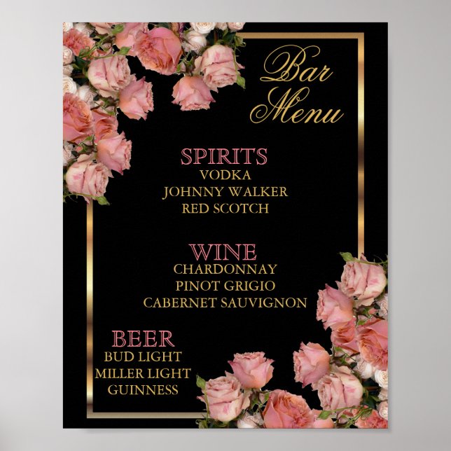 Póster Elegantes Rosas Bodas rosados - Menú Bar (Frente)