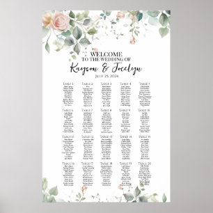 Póster Elegantes rosas bodas tabla de asientos 20 mesas