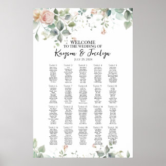 Póster Elegantes rosas bodas tabla de asientos 20 mesas