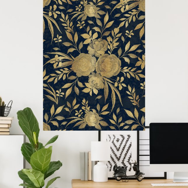 Póster Elegantes Rosas de oro con diseño floral naval-azu (Oficina en casa)