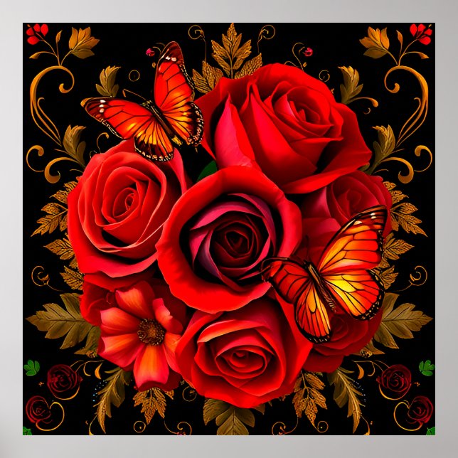 Póster Elegantes rosas rojas con mariposas (Frente)