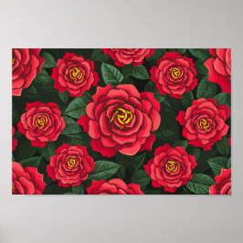 Póster Elegantes rosas rojas con un patrón de hojas verde