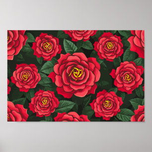 Póster Elegantes rosas rojas con un patrón de hojas verde