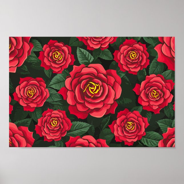 Póster Elegantes rosas rojas con un patrón de hojas verde (Frente)