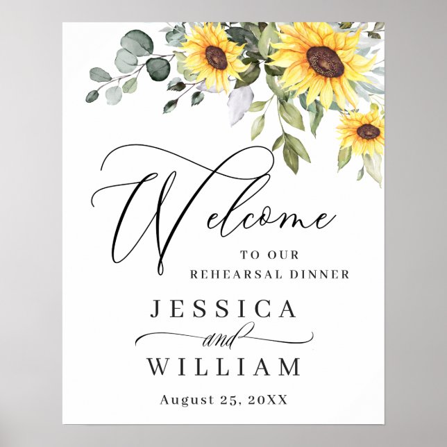 Póster Elegantes Sunflowers Eucalyptus Rehearsal Dinner (Frente)