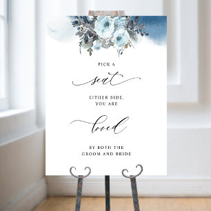 Póster Elegir un asiento no un Rótulo Boda Floral Azul la