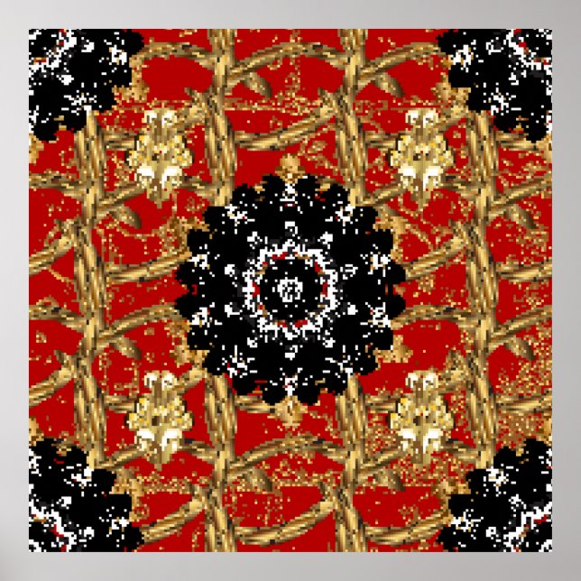 Póster Elemento dorado sobre fondo rojo. Ilustración vint (Frente)