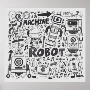 Póster elemento robot doodle, herramientas de línea de il