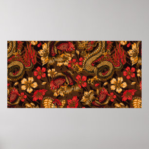 Póster Elementos japoneses de época con un patrón sin fis