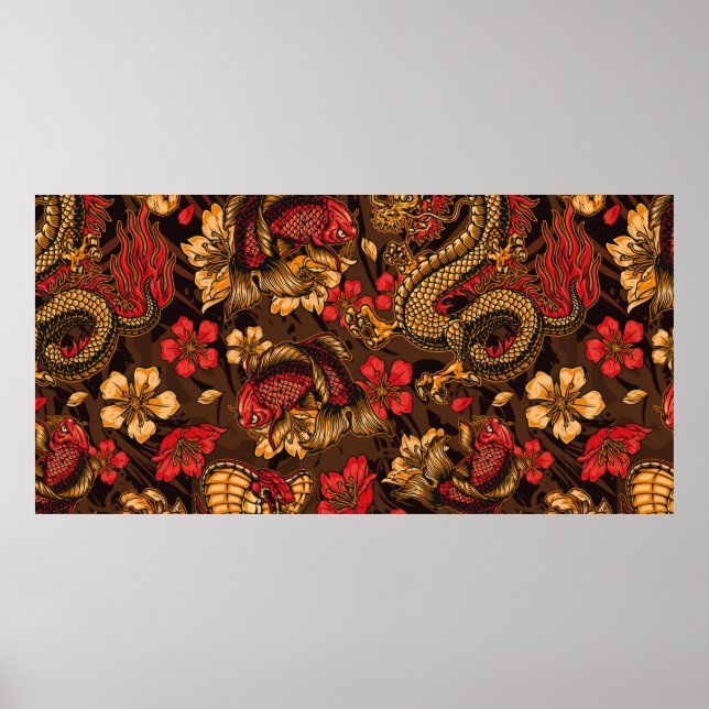 Póster Elementos japoneses de época con un patrón sin fis (Frente)