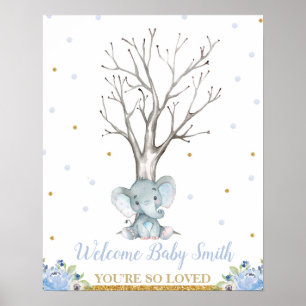 Póster Elephant Blue Boy Baby Shower Thumbprints Tree