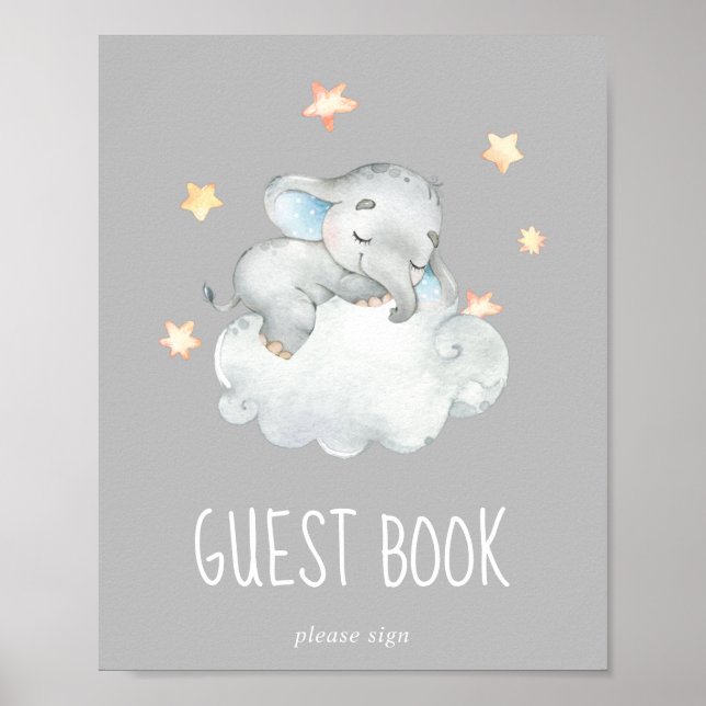 Póster Elephant Boy | Rótulo Gray Baby Shower Guest Book (Frente)