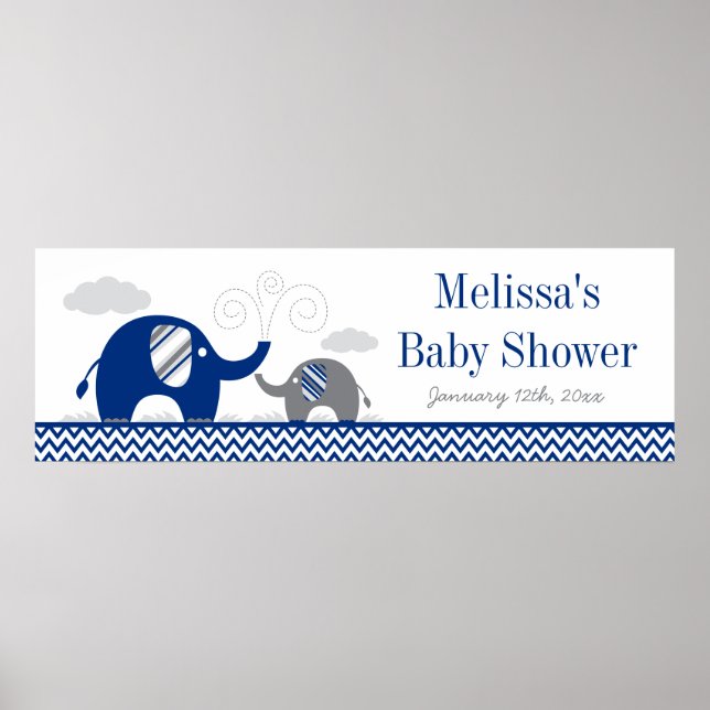 Póster Elephant Navy Blue Gray Baby Shower Banner (Frente)