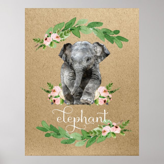 Póster Elephant Pink Floral Nursery Print (Frente)
