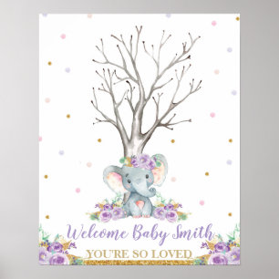 Póster Elephant Purple Chica Baby Shower Thumbprints Tree