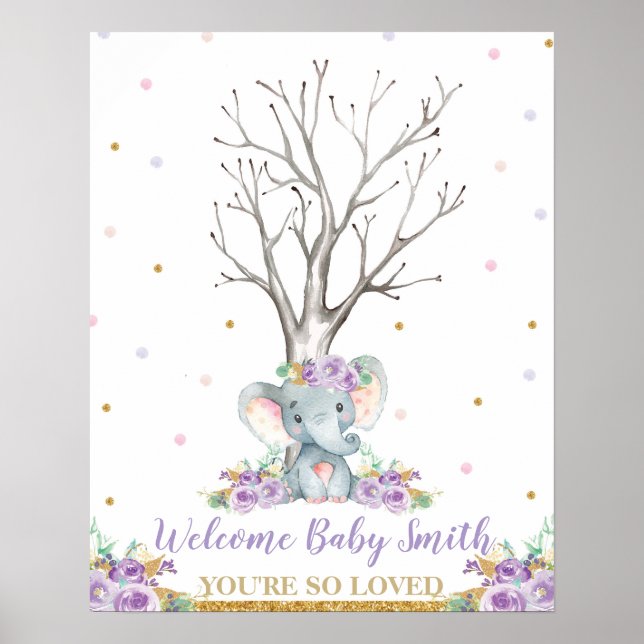 Póster Elephant Purple Chica Baby Shower Thumbprints Tree (Frente)