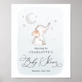 Póster Elephant Stars Moon Dusty Blue Boy Baby Shower