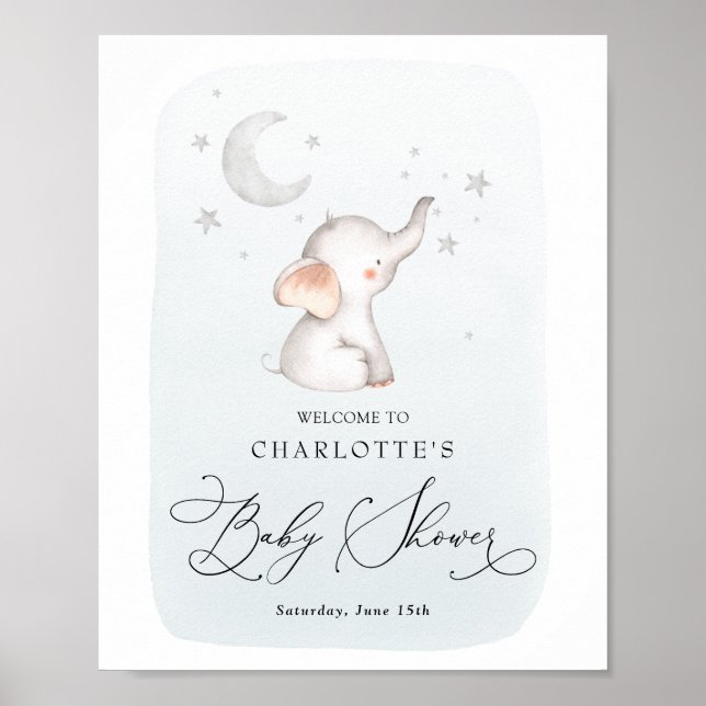 Póster Elephant Stars Moon Dusty Blue Boy Baby Shower (Frente)