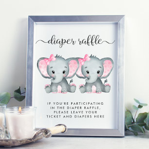 Póster Elephant Twin Baby Girls Shower Diaper Raffle