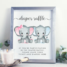 Póster Elephant Twin Chica Boy Baby Shower Diaper Raffle