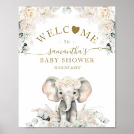 Póster Elephant White Roses Boho Pampas Baby Shower