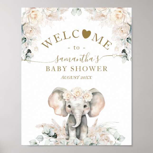 Póster Elephant White Roses Boho Pampas Baby Shower (Frente)
