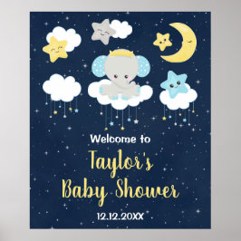 Póster Elephant Yellow and Navy Baby Shower Welcome Sign