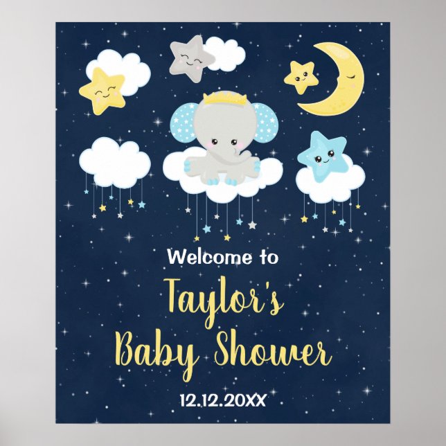 Póster Elephant Yellow and Navy Baby Shower Welcome Sign (Frente)