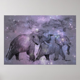 Póster Elephants in Winter Walking in Moonlight