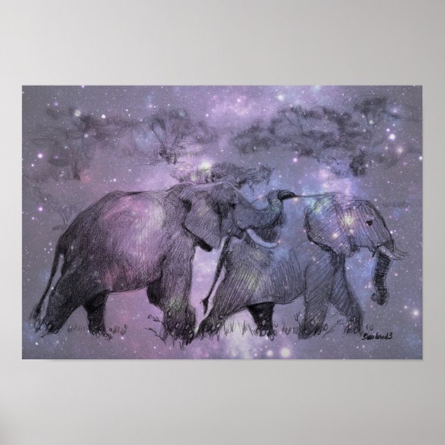 Póster Elephants in Winter Walking in Moonlight (Frente)