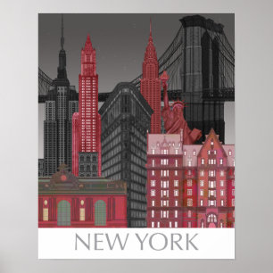 Póster Elevaciones de Nueva York de noche - Rojo