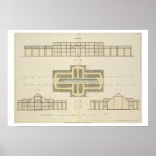 Póster Elevaciones y plano de suelo de un invernadero, de