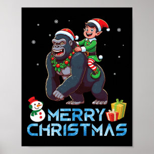Póster Elf Riding Gorilla Snowman presenta Feliz Navidad